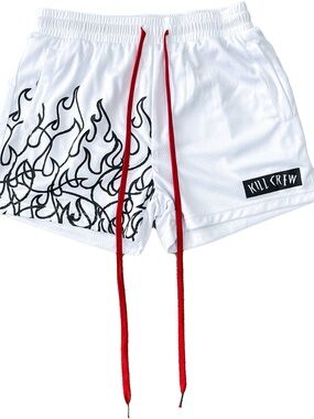 Kill Crew /// Unisex MUAY THAI FLAME SHORTS (MID THIGH CUT) - WHITE / BLACK - S